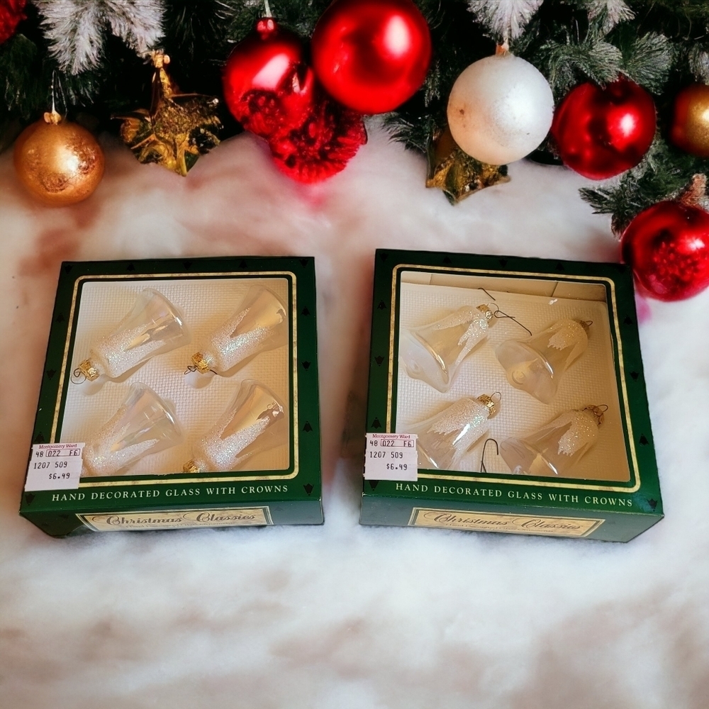 Vintage Christmas Classics Tree Ornaments Hand Decorated with Crowns White 2Pack